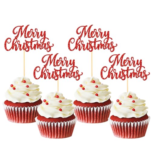 24 Stück Glitzer Weihnachten Cupcake Toppers, Merry Christmas Tortendeko, Frohe Weihnachten Kuchen Deko für Neujahr Party, Weihnachtsfeier Deko von Moitkptt