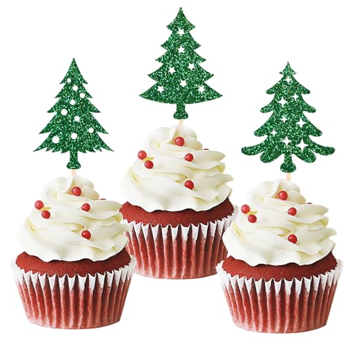 24 Stück Glitzer Weihnachtsbaum Cupcake Toppers, Tortendeko Weihnachten, Kuchen Deko Weihnachten für Neujahr Party, Weihnachtsfeier Deko (Weihnachtsbaum) von Moitkptt