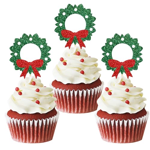 24 Stück Glitzer Weihnachtskranz Cupcake Toppers, Adventskranz Tortendeko, Kuchen Deko Weihnachten für Neujahr Party, Weihnachtsfeier Deko (Kranz) von Moitkptt