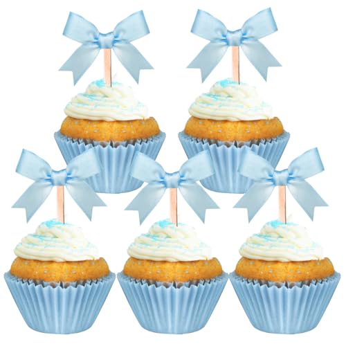 24 Stück Schleifen Cupcake Toppers, Tortendeko Schleifen, Schleifen Deko Geburtstag für Babyparty, Geburtstag, Hochzeit Jubiläum Dusche Party Dekoration (Blau Schleife) von Moitkptt