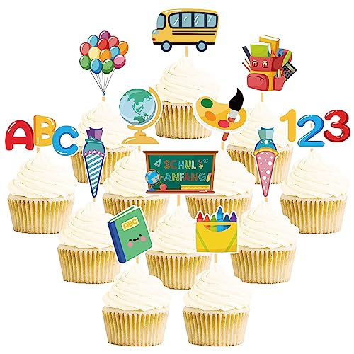 24 Stück Schulanfang Tortendeko, Schuleinführung deko Cupcake Topper, Tortendeko Einschulung, deko Einschulung Junge für Schulkind, Junge und Mädchen Schulanfang Party Dekoration (Tafel) von Moitkptt