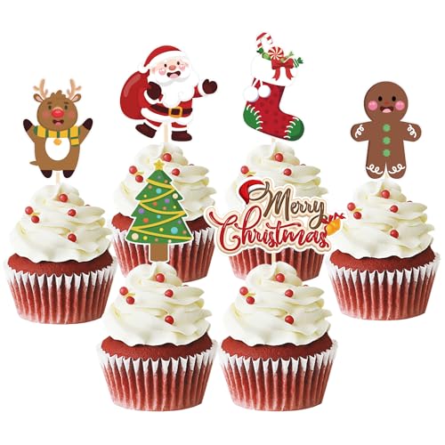 24 Stück Weihnachten Cupcake Toppers, Weihnachtsmann Tortendeko Weihnachten, Lebkuchenmann Kuchen Deko Weihnachten für Neujahr Party, Weihnachtsfeier Deko (Weihnachtsmann) von Moitkptt