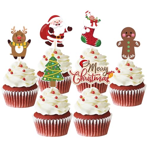 Moitkptt 24 Stück Weihnachten Cupcake Toppers, Weihnachtsmann Tortendeko Weihnachten, Lebkuchenmann Kuchen Deko Weihnachten für Neujahr Party, Weihnachtsfeier Deko (Weihnachtsmann) von Moitkptt