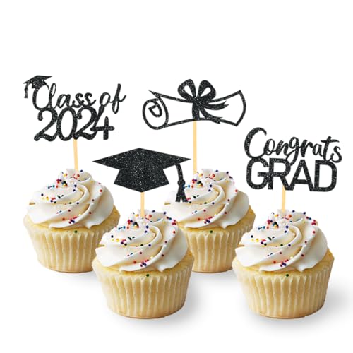 24 Stück glitzernde Kuchendekoration 2024 Diplome Dekoration Cupcake Toppers, Dekoration für Kuchen 2024 Graduation Cake Toppers, personalisierbar (schwarz) von Moitkptt