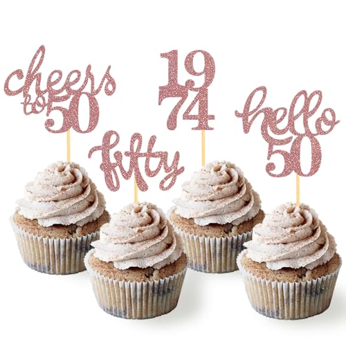 24 Stück glitzernde 50. Geburtstag Cupcake Topper 1973 Geburtstag Dekoration für 50 Geburtstag Partyzubehör Kuchendekoration (Roségold) von Moitkptt