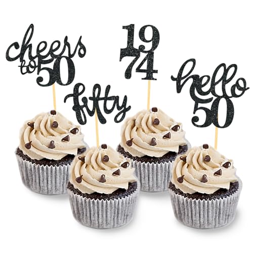24 Stück glitzernde 50. Geburtstag Cupcake Topper 1973 Geburtstag Dekoration für 50 Geburtstag Partyzubehör Kuchendekoration (Schwarz) von Moitkptt