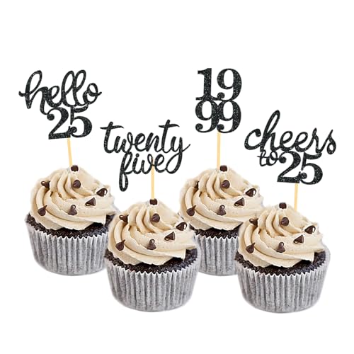 24 Stück glitzernde Kuchendekoration, 25 Jahre, Geburtstag, Happy Birthday, Cake Topper, Deko Kuchen Geburtstag Frauen Männer (schwarz) von Moitkptt