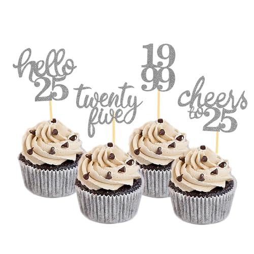 24 Stück glitzernde Kuchendekoration, 25 Jahre, Geburtstag, Happy Birthday Cake Topper, Deko Kuchen Geburtstag Frauen Männer (Silber) von Moitkptt
