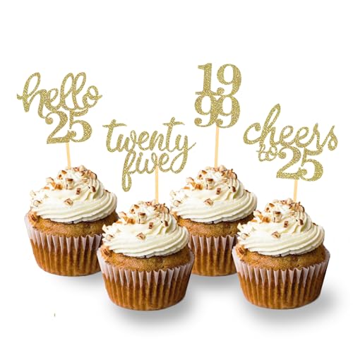 24 Stück glitzernde Kuchendekoration, 25 Jahre, Geburtstag, Happy Birthday Cake Topper, Deko Kuchen Geburtstag Frauen Männer (goldfarben) von Moitkptt
