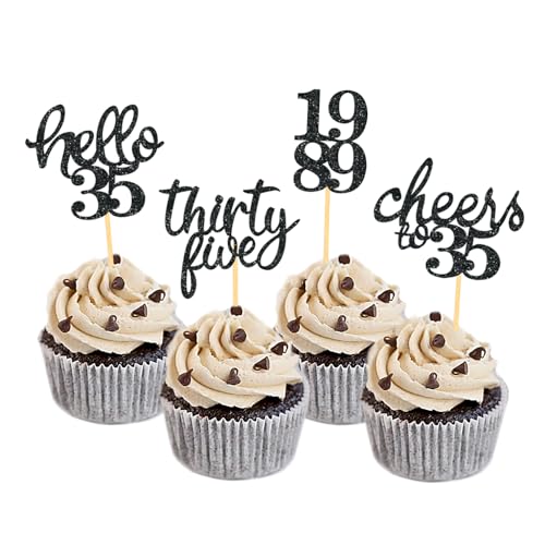 24 Stück glitzernde Kuchendekoration, 35 Jahre, Geburtstag, Happy Birthday, Cake Topper, Deko Kuchen Geburtstag Frauen Männer (schwarz) von Moitkptt