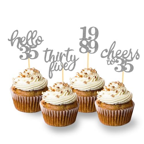 24 Stück glitzernde Kuchendekoration, 35 Jahre, Geburtstag, Happy Birthday Cake Topper, Deko Kuchen Geburtstag Frauen Männer (Silber) von Moitkptt