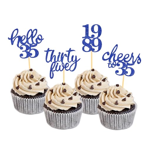 24 Stück glitzernde Kuchendekoration, 35 Jahre, Geburtstag, Happy Birthday Cake Topper, Deko Kuchen Geburtstag Frauen Männer (blau) von Moitkptt