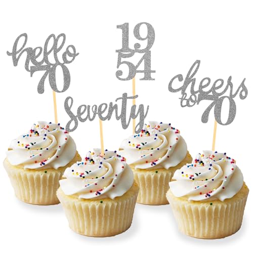 24 glitzernde Kuchendekoration, 70 Jahre, Geburtstagsdekoration, Happy Birthday, Cake Topper, Dekoration für Kuchen, Geburtstag, Frauen, Herren (Silber) von Moitkptt