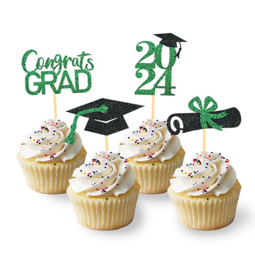 24 Stück Glitzer 2024 Graduation Cupcake Toppers, Abschlussfeier Cupcake toppers, Bachelor Hut Deko, Abschluss Deko für Graduation Abschlussparty Dekoration (schwarz & grün) von Moitkptt