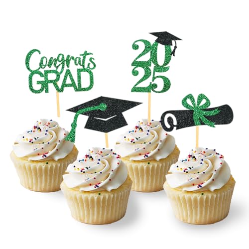 24 Stück Glitzer 2025 Graduation Cupcake Toppers, Abschlussfeier Cupcake toppers, Bachelor Hut Deko, Abschluss Deko für Graduation Abschlussparty Dekoration (schwarz & grün) von Moitkptt