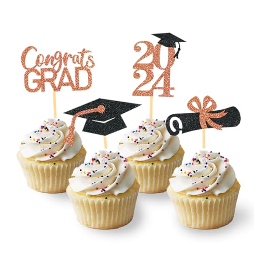 24 Stück Glitzer 2024 Graduation Cupcake Toppers, Abschlussfeier Cupcake toppers, Bachelor Hut Deko, Abschluss Deko für Graduation Abschlussparty Dekoration (schwarz & orange) von Moitkptt