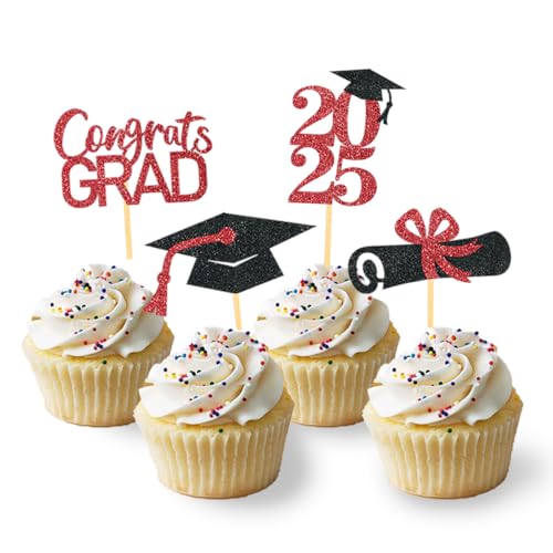 24 Stück Glitzer 2025 Graduation Cupcake Toppers, Abschlussfeier Cupcake toppers, Bachelor Hut Deko, Abschluss Deko für Graduation Abschlussparty Dekoration (schwarz & rot) von Moitkptt