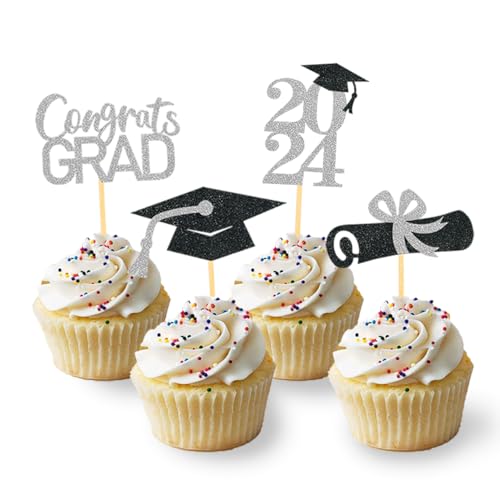 24 Stück Glitzer 2024 Graduation Cupcake Toppers, Abschlussfeier Cupcake toppers, Bachelor Hut Deko, Abschluss Deko für Graduation Abschlussparty Dekoration (schwarz & silber) von Moitkptt