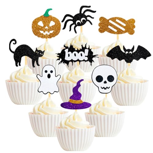 36 Stück Glitzer Halloween Cupcake Topper Dekorationen, Geist Halloween Kuchendeko, Halloween Picks Tortendeko für Halloween Party von Moitkptt
