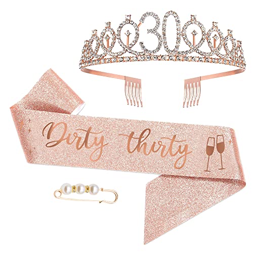 Moitkptt Dirty Thirty 30. Geburtstags Tiara, Geburtstags-Krone Schärpe Set, deko 30 geburtstag für 30. geburtstag frauen alles Gute zum 30. Geburtstagsgeschenk, Partyzubehör (Rosegold) von Moitkptt