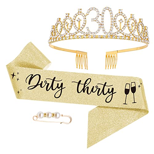 Moitkptt Dirty Thirty 30. geburtstagskrone, Geburtstags-Krone Schärpe Set, 30 Geburtstag Deko für Frauen alles Gute zum 30. Geburtstagsgeschenk, Partyzubehör, Dekorationen (Gold) von Moitkptt