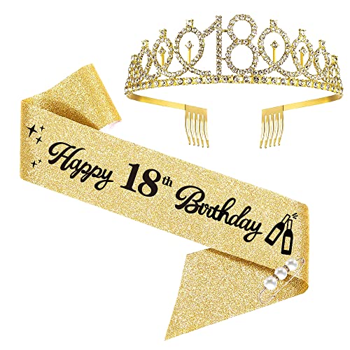 Moitkptt Tiara, Happy 18th Birthday Krone Set Schal, 18 Geburtstag Deko für 18. Geburtstag Mädchen Happy 18. Geburtstag Geschenk, Partyzubehör (Gold) von Moitkptt