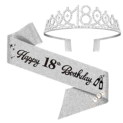 Moitkptt Tiara, Happy 18th Birthday Krone Set Schal, 18 Geburtstag Deko für 18. Geburtstag Mädchen Happy 18. Geburtstag Geschenk, Partyzubehör (Silber) von Moitkptt