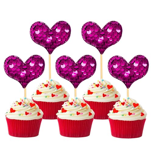 36 Stück Glitzer Valentinstag Cupcake Toppers, Herzen Kuchendeko, Valentinstag Tortendeko für Valentinstag Heiratsantrag Verlobung Hochzeit Party Deko (Herz Rose) von Moitkptt