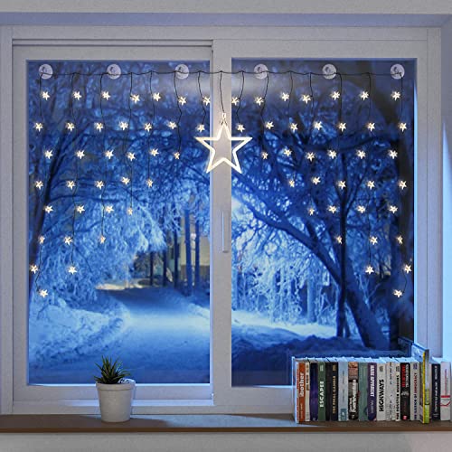 Mojawo Beleuchteter Weihnacht Sternenvorhang Sternenregen Lichterkette Fensterdeko 90 LED warm weiß mit Saugnäpfe von Mojawo