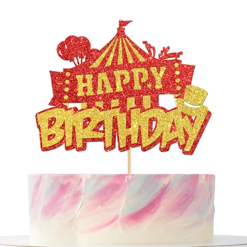 Geburtstagskuchenaufsatz mit Zirkusmotiven, Glitzer, Rot und Gold, Karneval, Babyparty, Kindergeburtstag, Kuchendekorationen für Jungen und Mädchen, Geburtstagsparty-Dekoration von Mokonate