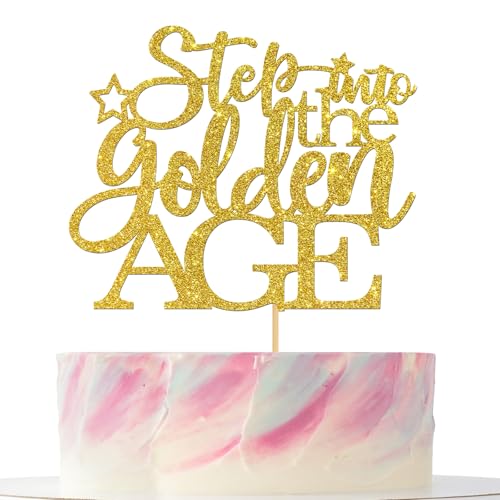 Stepping into Golden Birthday Cake Topper, Gold Glitter Happy Golden Birthday Cake Decoration for Men Women von Mokonate