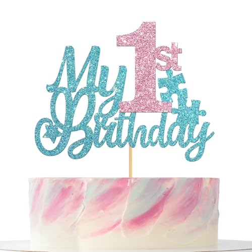 Tortenaufsatz für den 1. Geburtstag, hellblau und rosa, glitzernd, für den ersten Geburtstag, Dekoration für Jungen, Mädchen, Babyparty, Partyzubehör von Mokonate