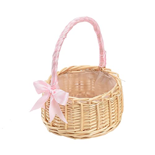 Mokylor 1 Stück/2 Stück Weiden-Rattan-Blumenmädchen-Korb für Hochzeit, Handgewebter Weiden-Feen-Blumenkorb mit Perlengriff, Hochzeits-Süßigkeits-Geschenkkorb für Hochzeiten, Braut,(rosa, S) von Mokylor
