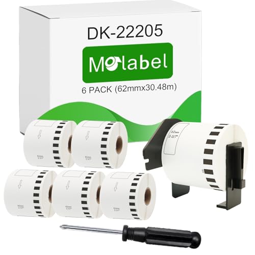 Molabel Adressetiketten DK-22205 (DK22205), 6 Rollen pro Packung (endlos), inklusive 1 abnehmbarem Halter und einem einfachen Schraubendreher, kompatibel mit Brother P-Touch Druckern. von Molabel