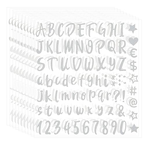 Molain 10 Blätter Glitzer Buchstaben Aufkleber, Wasserfeste Alphabet Aufkleber Selbstklebenden Buchstaben und Zahlen Sticker für Hochzeit Geburtstag Briefkasten DIY Scrapbooking(Silber) von Molain