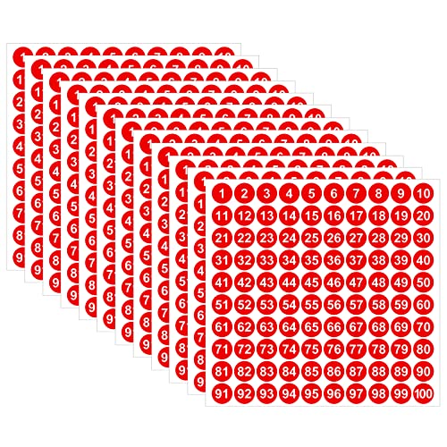 Molain 2500 Stück 1 bis 100 Nummernaufkleber, 25 Blatt Vinyl-Nummernaufkleber wasserfeste Etiketten selbstklebende Nummernaufkleber für die Inventarsortierung Aufbewahrungsboxen (rot, 0,4 Zoll) von Molain