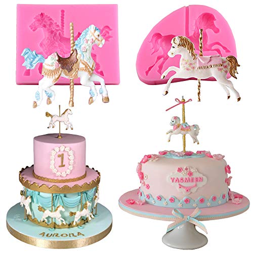 2 Stück/Set Karussell-Pferd-Silikonformen für Kuchen und Fondant, für Zuckerbäcker, Cupcakes, Blütenpaste, Dekorationsform für Karussell-Kuchenaufsatz, Geburtstags- oder Babyparty-Dekorationen von MoldFun