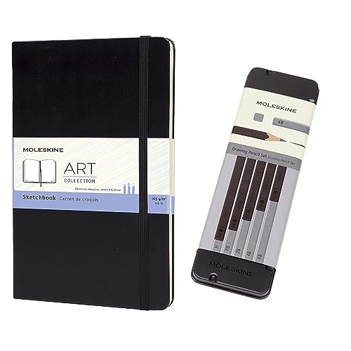 Moleskine Art Collection Sketchbook + Moleskine Set Zeichenstifte, Zeichenblock mit Schwarzer Hardcover 13x21 cm, 5 Graphit-Zeichenstifte von Moleskine