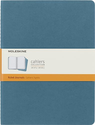 Moleskine, Cahier Journal, Set mit 3 Notizbüchern mit linierten Seiten, Kartonumschlag und sichtbaren Baumwollstichen, Blau, Sehr großes Format 19 x 25 cm, 120 Seiten von Moleskine