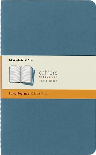 Moleskine Cahier Journal, Set mit 3 Notizbüchern mit linierten Seiten, Kartonumschlag mit sichtbaren Baumwollstichen, Farbe Lebhaftes Blau, Großformat 13 x 21 cm, 80 Seiten von Moleskine