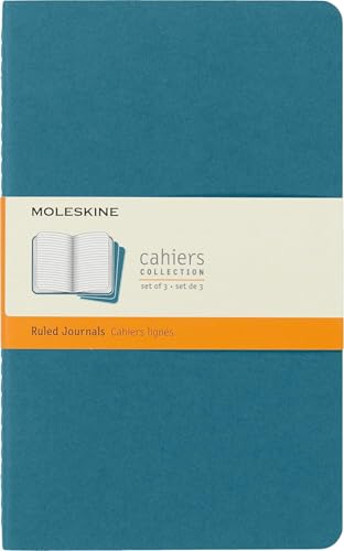 Moleskine Cahier Journal, Set mit 3 Notizbüchern mit linierten Seiten, Kartonumschlag mit sichtbaren Baumwollstichen, Farbe Lebhaftes Blau, Großformat 13 x 21 cm, 80 Seiten von Moleskine