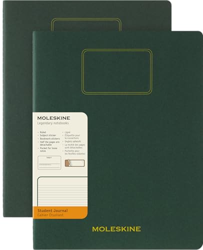 Moleskine Student Cahier Journal, Set 2 linierte Notizhefte mit heraustrennbaren Seiten, Kartonumschlag und Aufkleber, Farbe Myrtegrün, Format XXL 21,6 x 27,9 cm von Moleskine