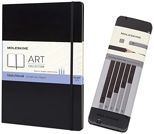 Moleskine Zeichenstift-Set, 5 Bleistifte + Kreativ Notizbücher, Skizzenbuch, A4, 165G Papier, Hard Cover, schwarz von Moleskine