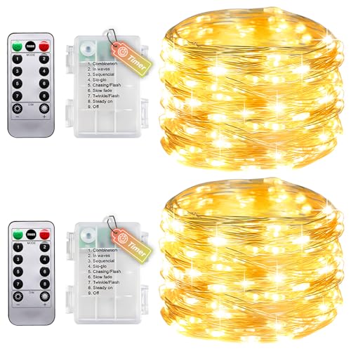 2er Pack Lichterkette Draht Mit Timer Und Fernbedienung, Kleine Lichterkette Innen Mit Batterie, 10M 100LEDs IP65 Wasserdicht Ohne Batterien Für Schlafzimmer Hochzeit Weihnachten Party Dekoration von Molicar