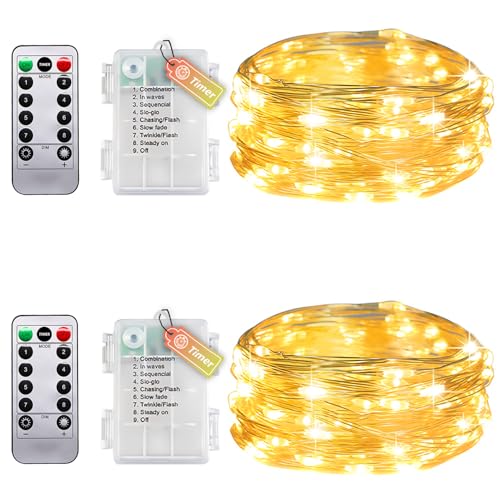 2er Pack Lichterkette Draht Mit Timer Und Fernbedienung, Kleine Lichterkette Innen Mit Batterie, 5M 50LEDs IP65 Wasserdicht Ohne Batterien Für Schlafzimmer Hochzeit Weihnachten Party Dekoration von Molicar