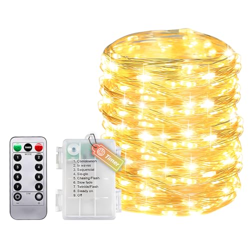 Lichterkette Draht Mit Timer Und Fernbedienung, Kleine Lichterkette Innen Mit Batterie, 20M 200LEDs IP65 Wasserdicht Ohne Batterien Für Schlafzimmer Hochzeit Weihnachten Party Dekoration(Warmweiß) von Molicar