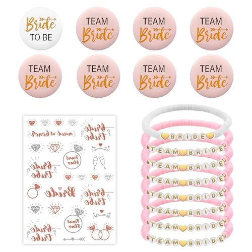 Molirex Bride To Be Deko Set , EnthäLt 8 Team Bride Bridesmaids ArmbäNder , 8 Jga Buttons, 1 StüCk Tattoo-Aufkleber, Jga Accessoires Frauen FüR Junggesellenabschied Braut Trauzeugin Molirex Bride To Be Deko Set , EnthäLt 8 Team Bride Bridesmaids ArmbäNder , 8 Jga Buttons, 1 StüCk Tattoo-Aufkleber, Jga Accessoires Frauen FüR Junggesellenabschied Braut Trauzeugin von Molirex