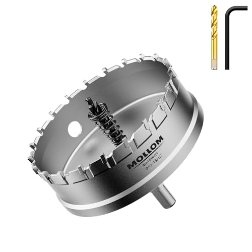 Mollom (100mm | 3-15/16'') Lochsäge T.C.T Schwerlast-Hartmetall-bestückt mit 2 Führungsbohrern für Edelstahl, Baustahl, Eisen, Kupfer, Messing, Kunststoff von Mollom