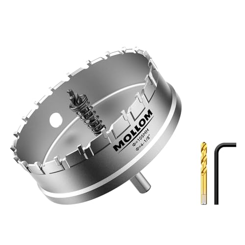 Mollom (105mm | 4-1/8'') Lochsäge T.C.T Schwerlast-Hartmetall-bestückt mit 2 Führungsbohrern für Edelstahl, Baustahl, Eisen, Kupfer, Messing, Kunststoff von Mollom