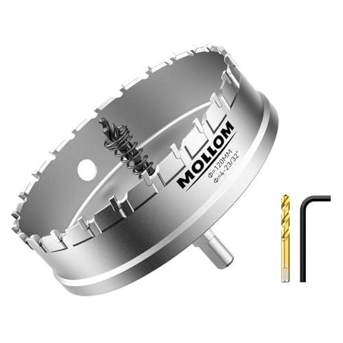Mollom (120mm | 4-23/32'') Lochsäge T.C.T Schwerlast-Hartmetall-bestückt mit 2 Führungsbohrern für Edelstahl, Baustahl, Eisen, Kupfer, Messing, Kunststoff von Mollom